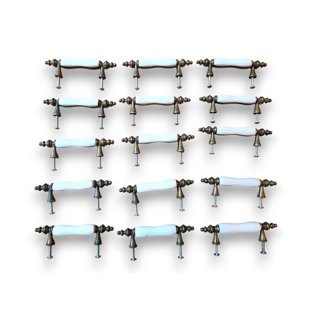 Lot Of 15 Brass White Porcelain Cabinet Drawer Pulls